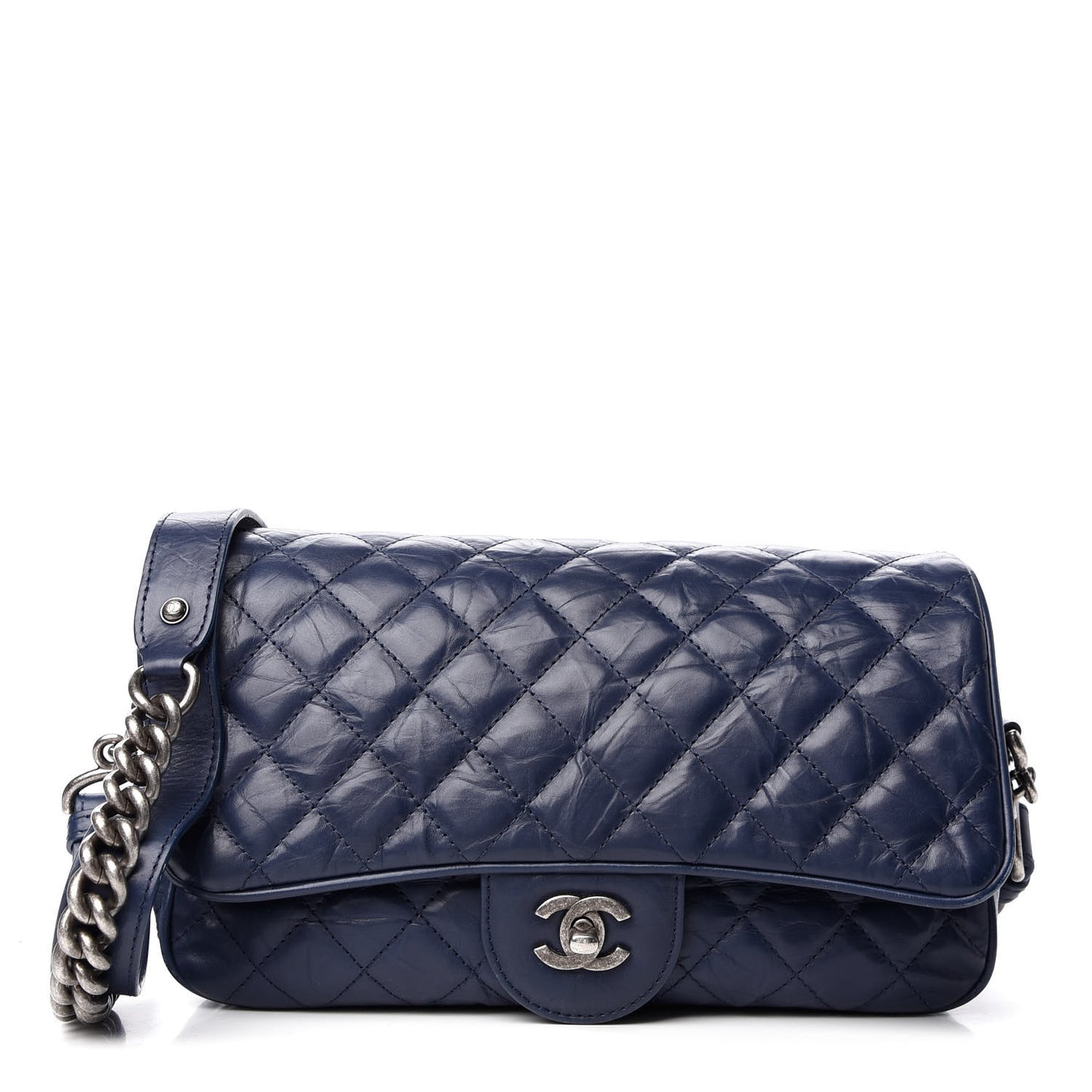 Aged Calfskin Quilted Medium Chain Detail Flap Navy Blue
