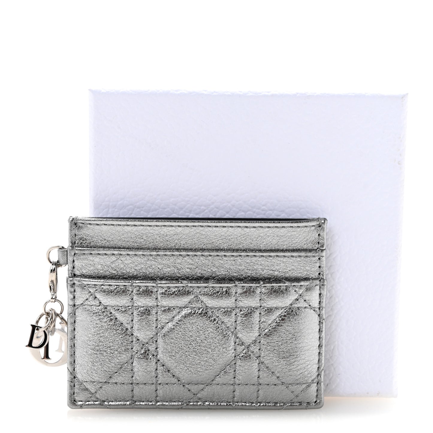 Metallic Calfskin Cannage Lady Dior Freesia Card Holder Acciaio Metal