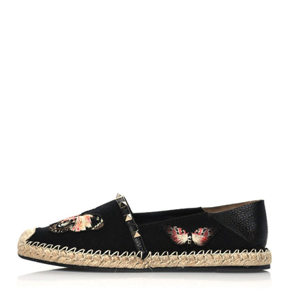 Valentino Garavani Denim Butterfly Embroidered Rockstud Espadrille Flats 41 Black Multicolor 1 of 8