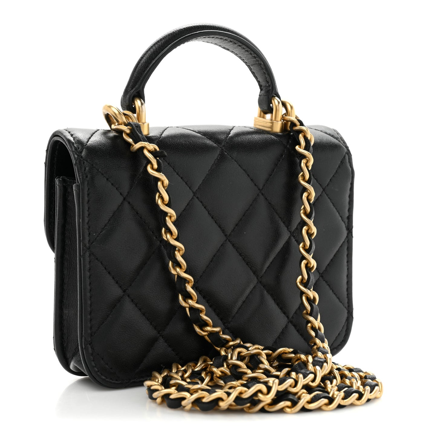 Lambskin Quilted Top Handle Flap Coin Purse With Chain Black