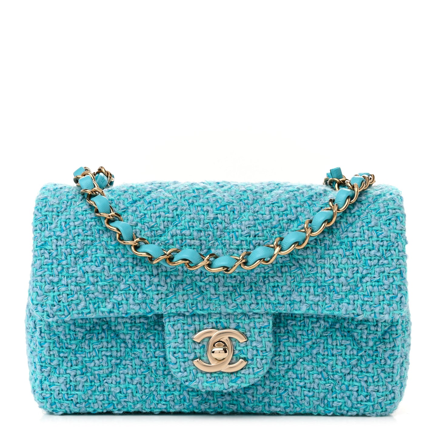 Wool Tweed Quilted Mini Rectangular Flap Turquoise Light Blue