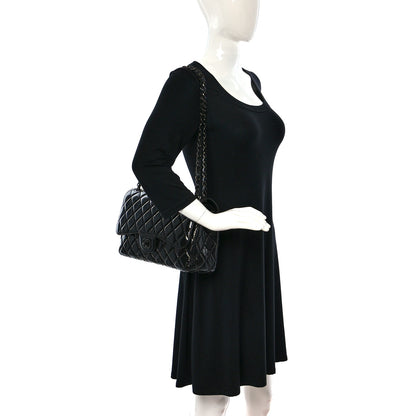 Chanel Shiny Distressed Calfskin Quilted Jumbo Double Flap So Black 2 of 9
