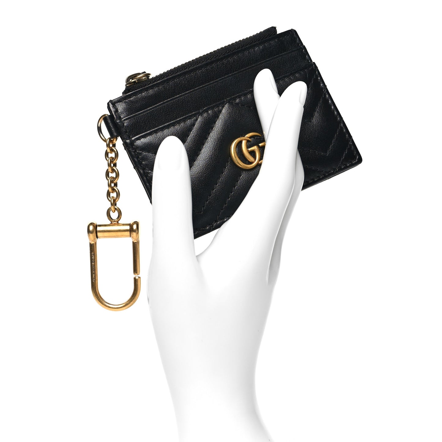 Calfskin Matelasse Chevron GG Marmont Key Case Card Holder Black