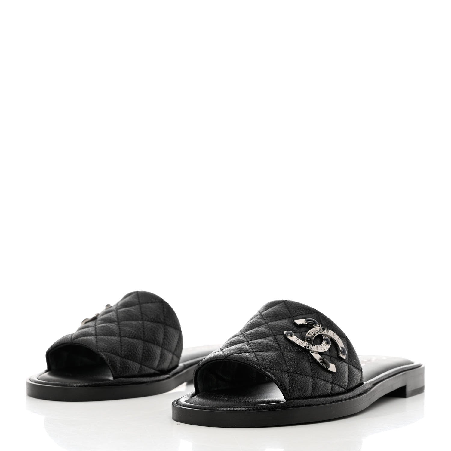 Chanel Shiny Goatskin Quilted CC Mules Sandals 38.5 Black 3 of 10