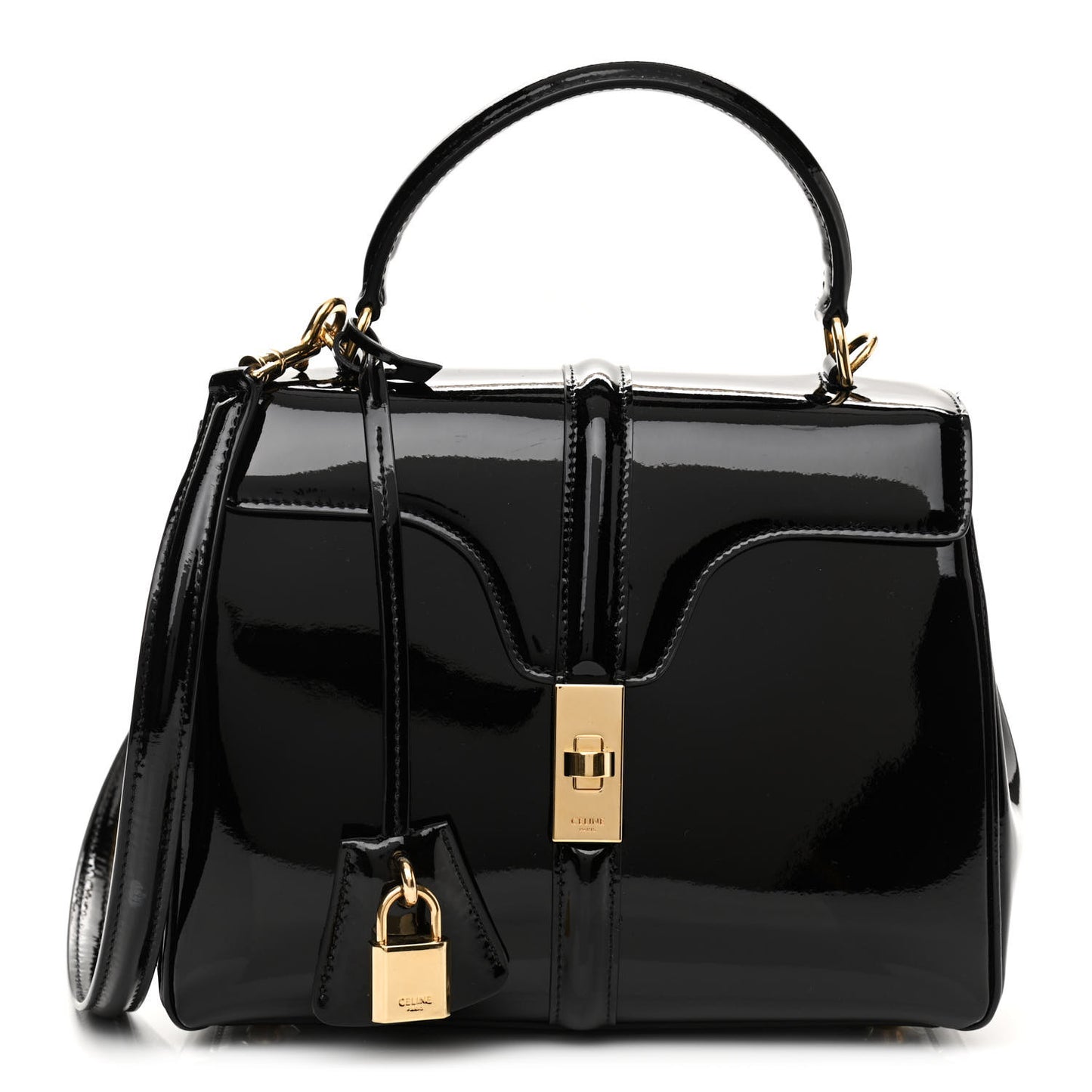 Patent Calfskin Small 16 Top Handle Bag Black