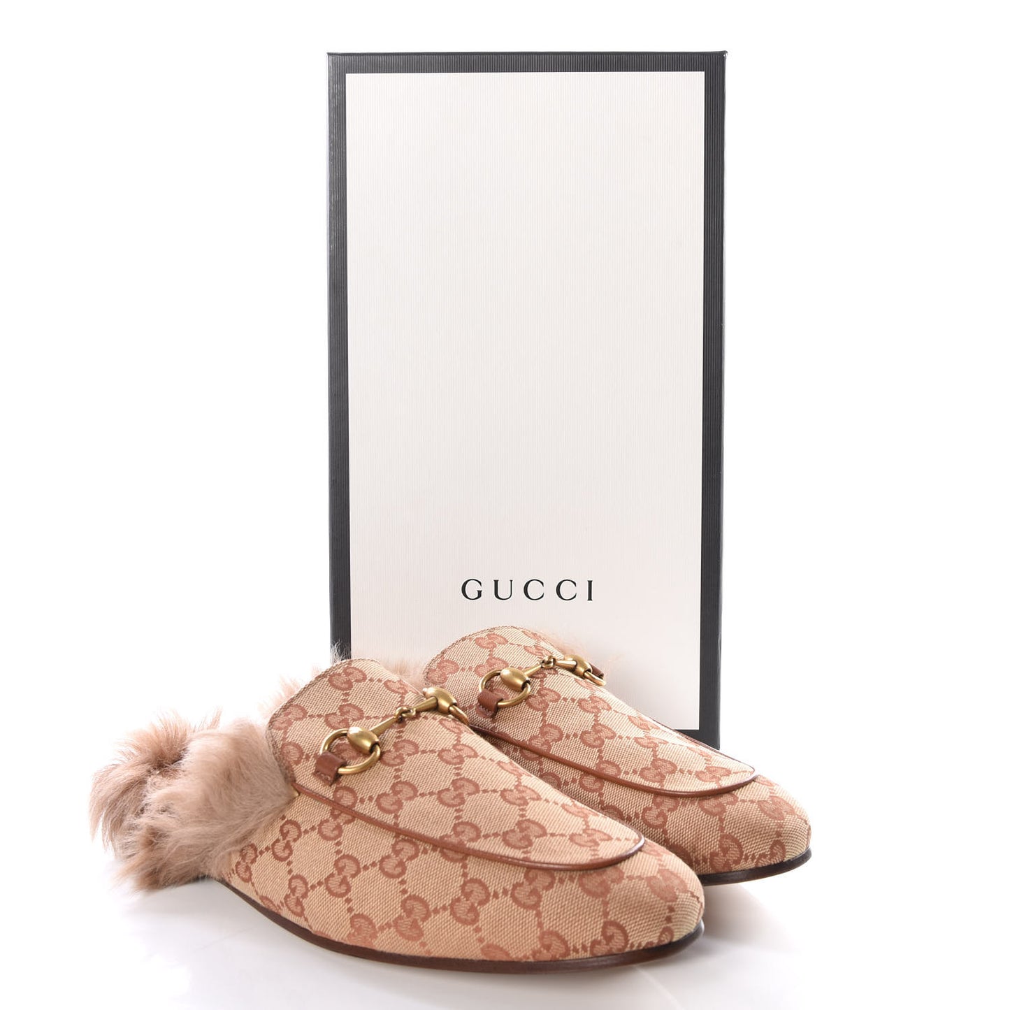 GG Monogram Fur Mens Princetown Slippers 8 Beige Ruggine Rust