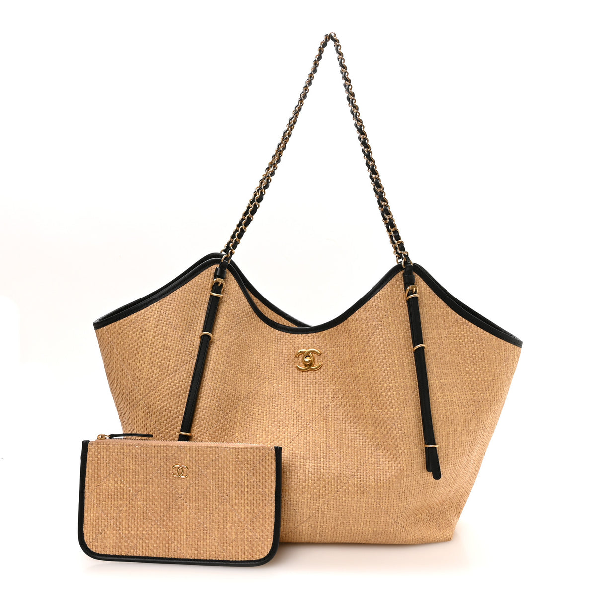 Braided Raffia Stitched Maxi Shopping Bag Dark Beige Black