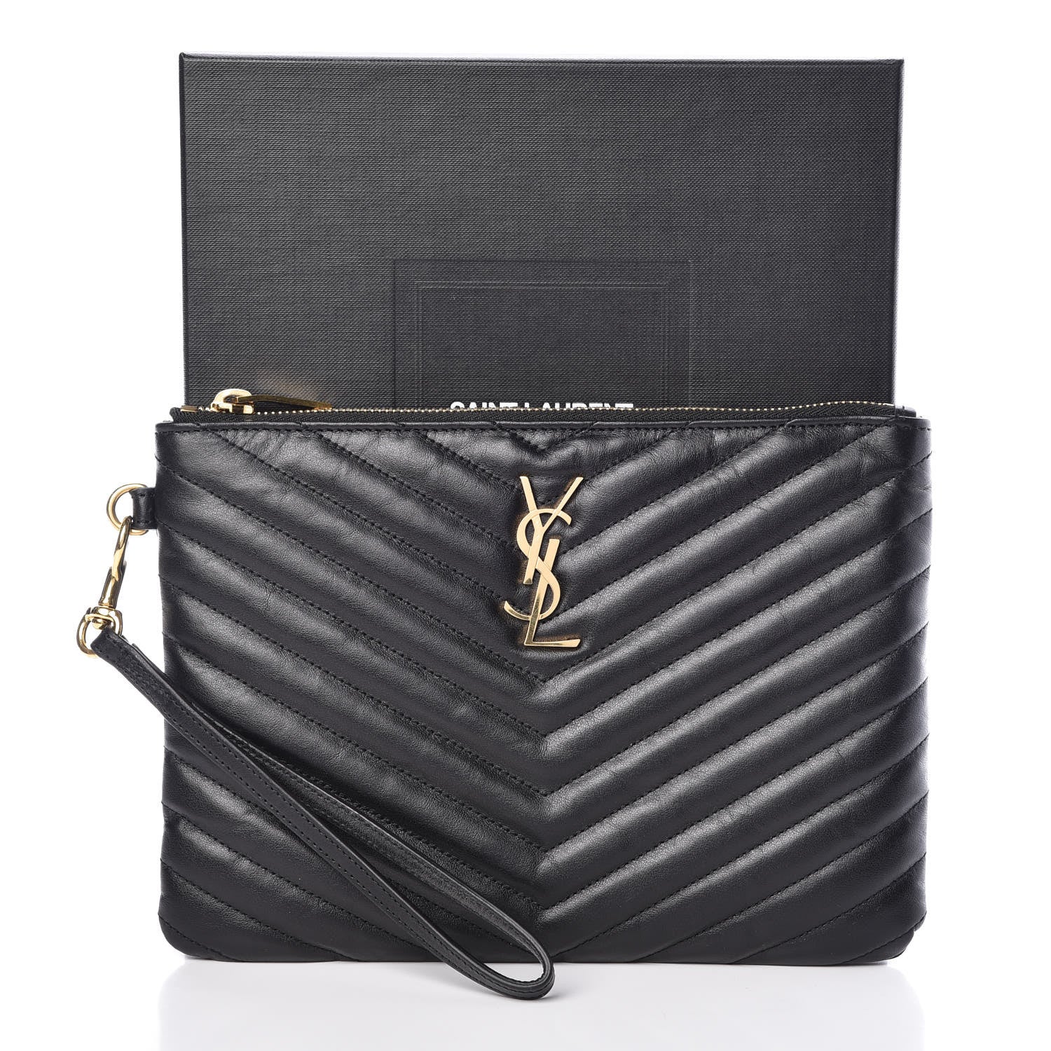 Saint Laurent Calfskin Matelasse Chevron Monogram A5 Wristlet Black 10 of 10