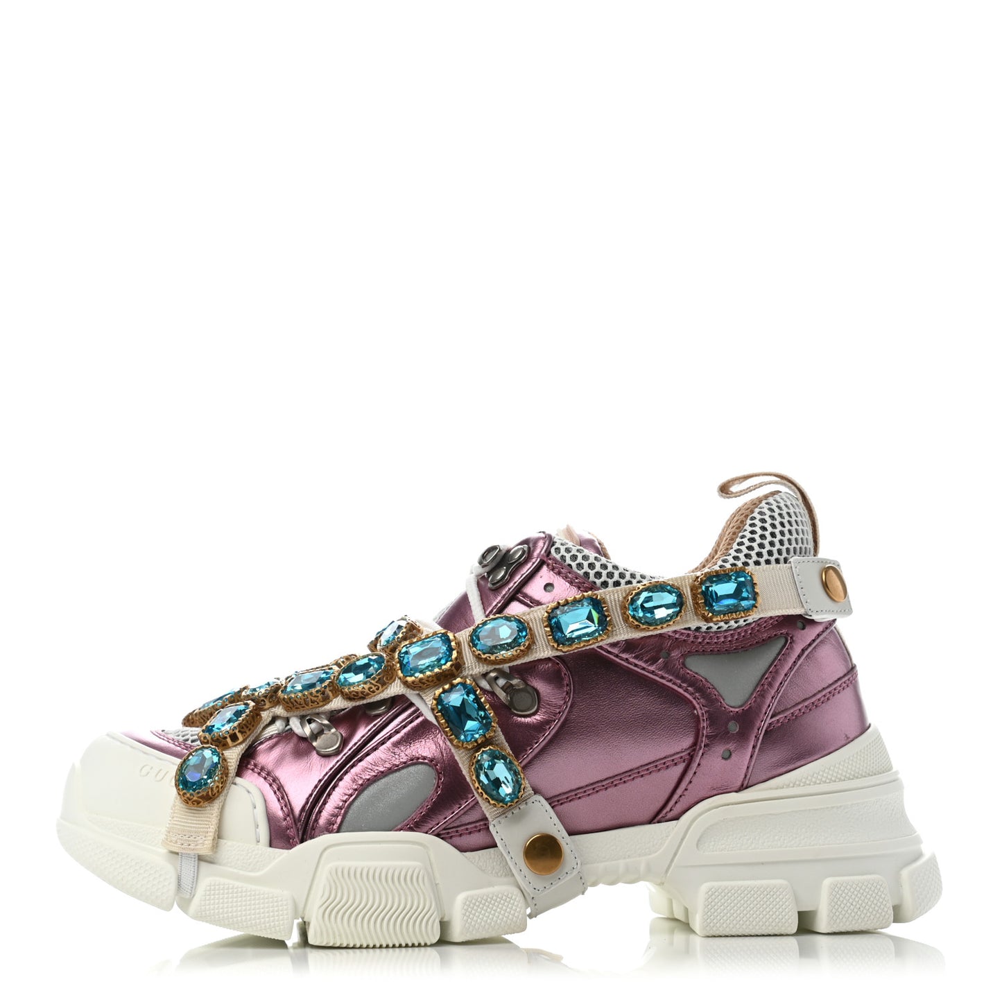 X SEGA Metallic Calfskin Mesh Removable Crystals Womens Flashtrek Sneakers 38 Rosa Great White Silver