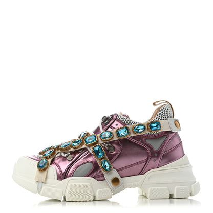 Gucci X SEGA Metallic Calfskin Mesh Removable Crystals Womens Flashtrek Sneakers 38 Rosa Great White Silver 1 of 6