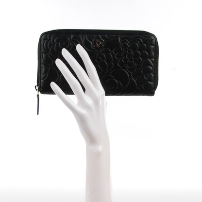 Chanel Lambskin Camellia Embossed Large Zip Around Gusset Wallet Black 2 of 8