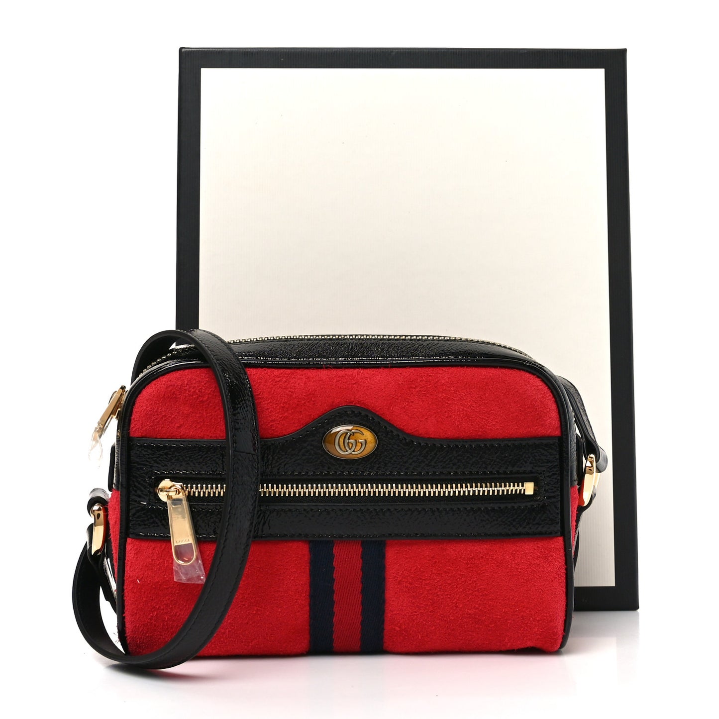 Suede Patent Web Mini Ophidia Shoulder Bag Hibiscus Red Black