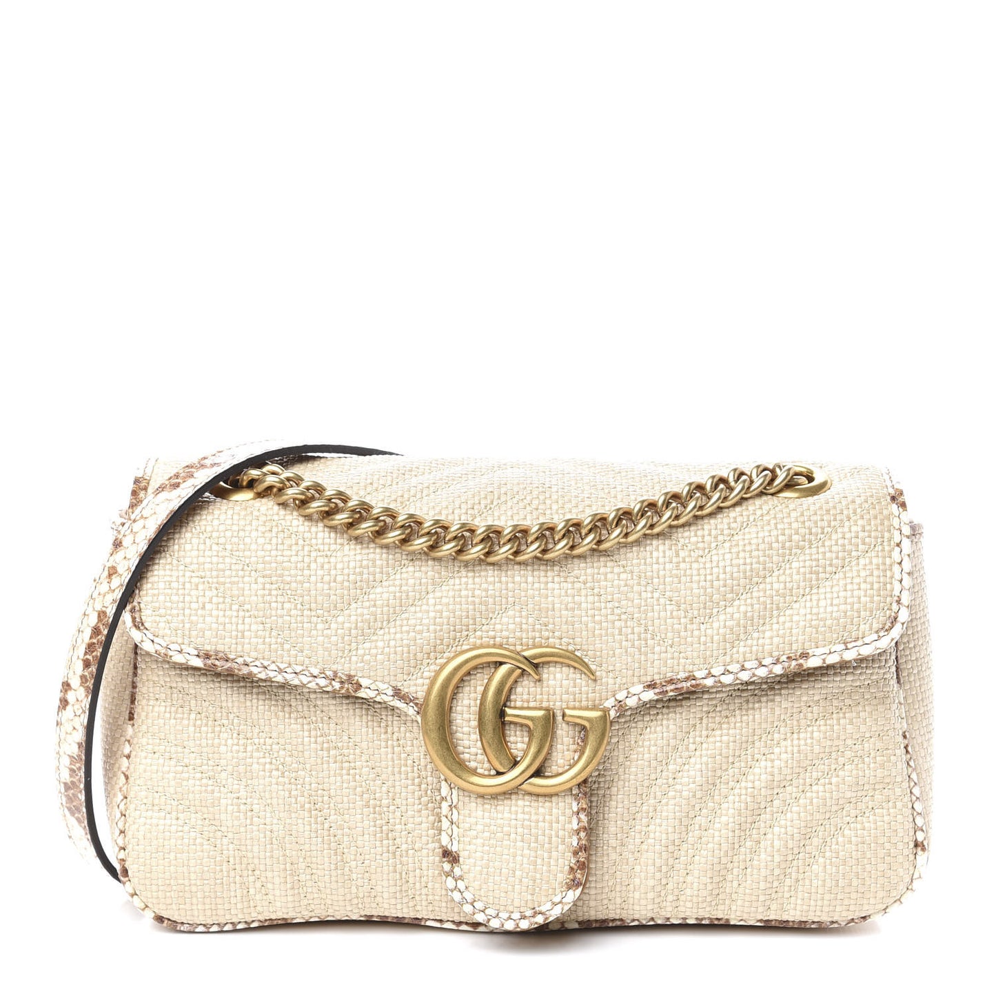 Raffia Elaphe Matelasse Small GG Marmont Shoulder Bag Natural Cream Brown