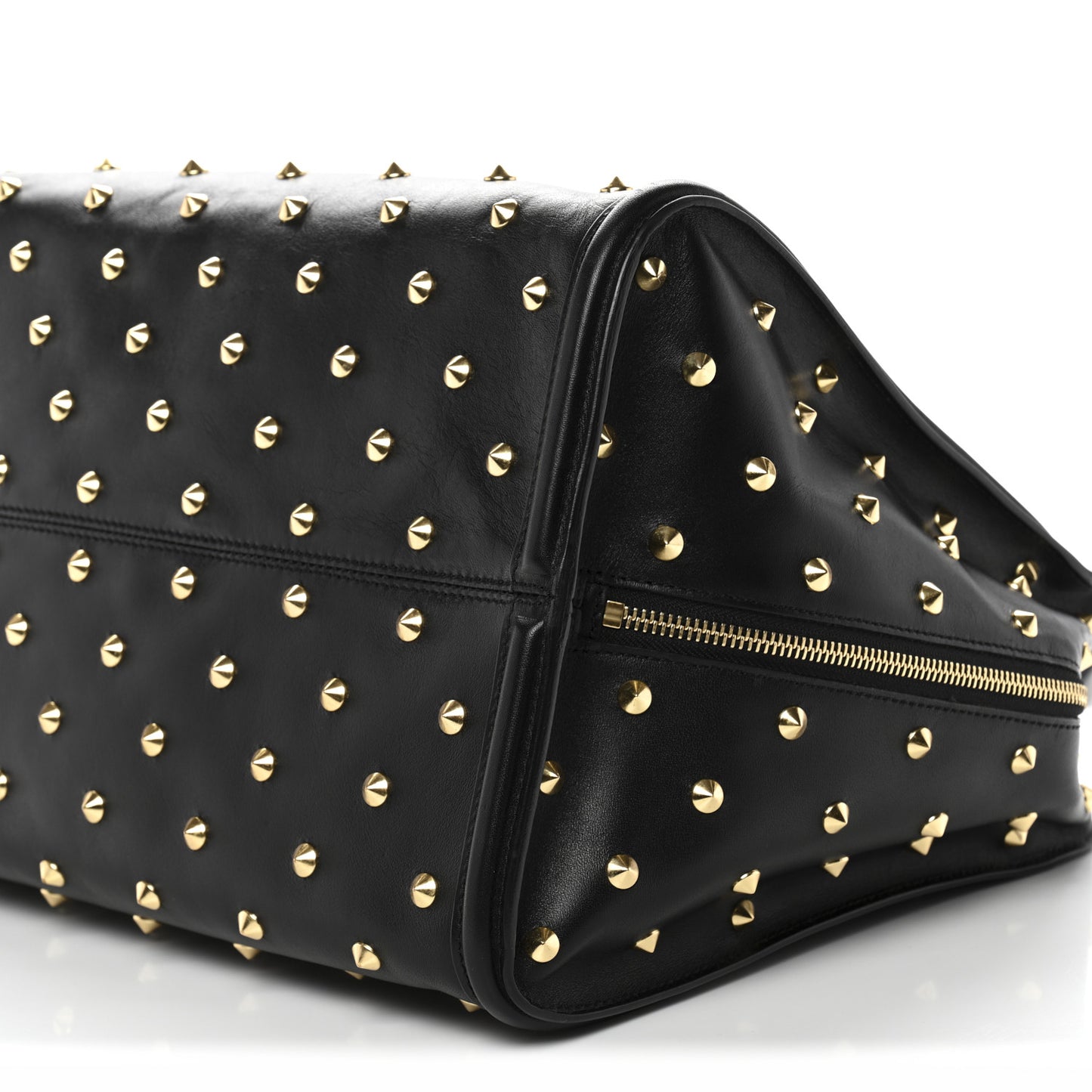 Calfskin Large Studded Padlock Zip Around Tote Black