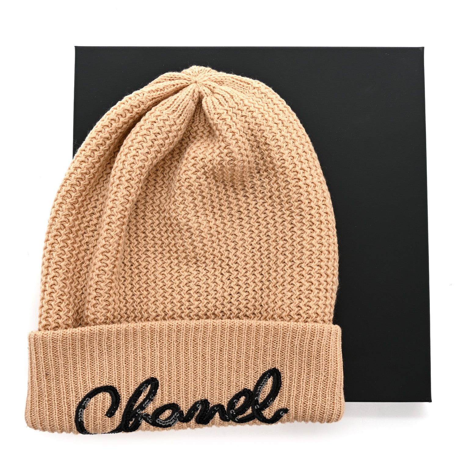 Chanel Cashmere Sequin Logo Beanie Hat Beige 7 of 7