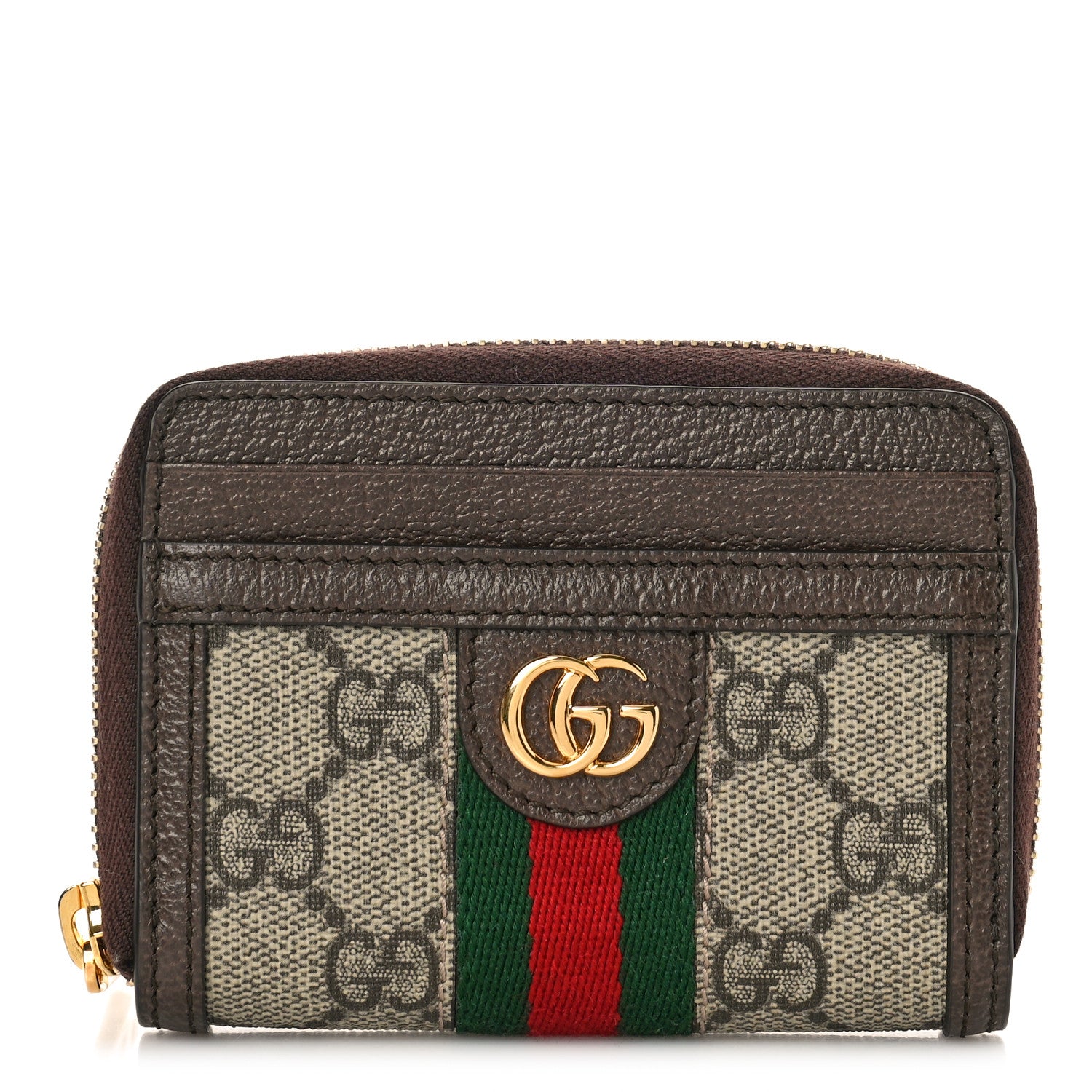 Gucci GG Supreme Monogram Textured Dollar Calfskin Web Ophidia Zip Around Card Case Wallet Beige Ebony New Acero 1 of 8