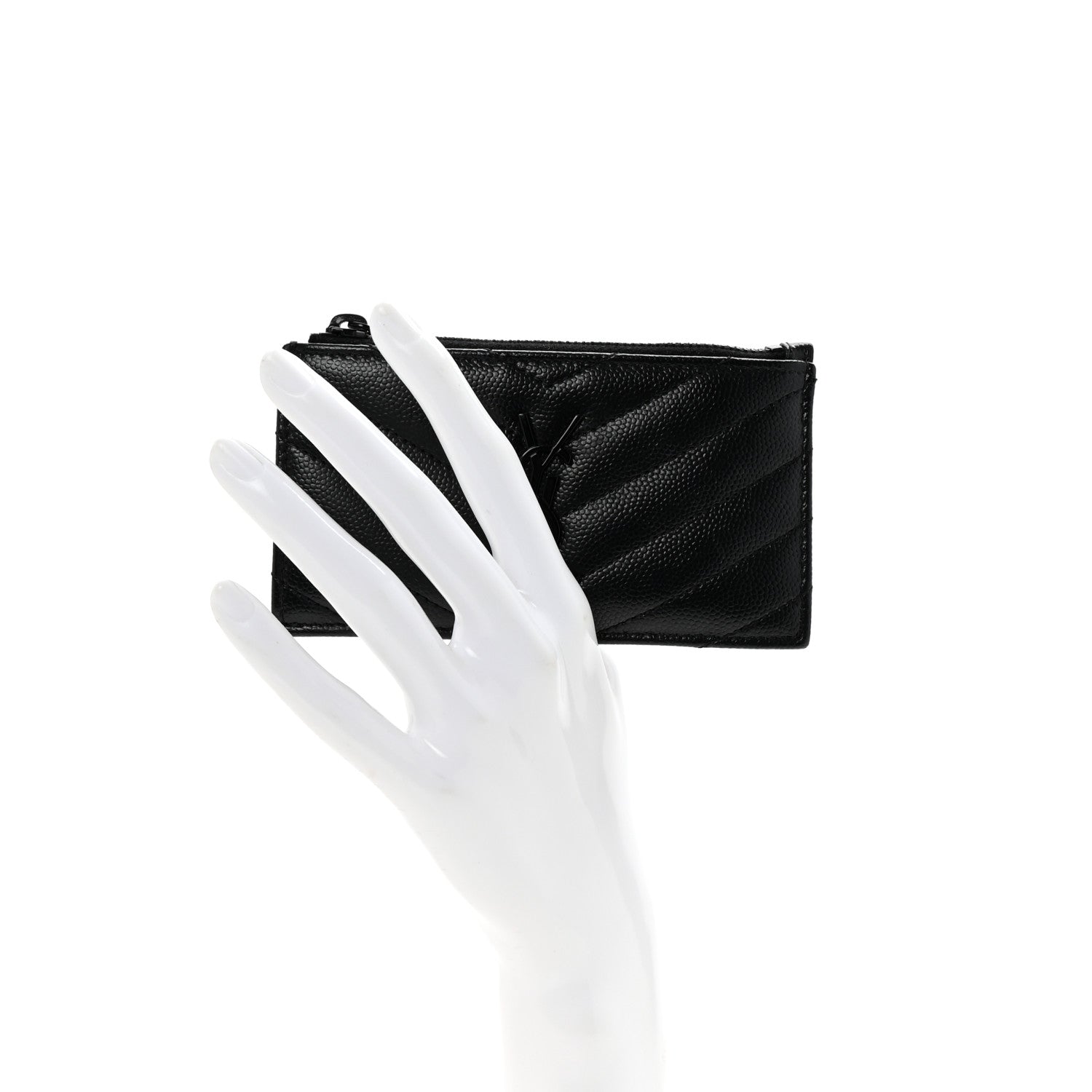 Saint Laurent Grain De Poudre Matelasse Chevron Monochrome Fragments Zippered Card Case Black 2 of 7