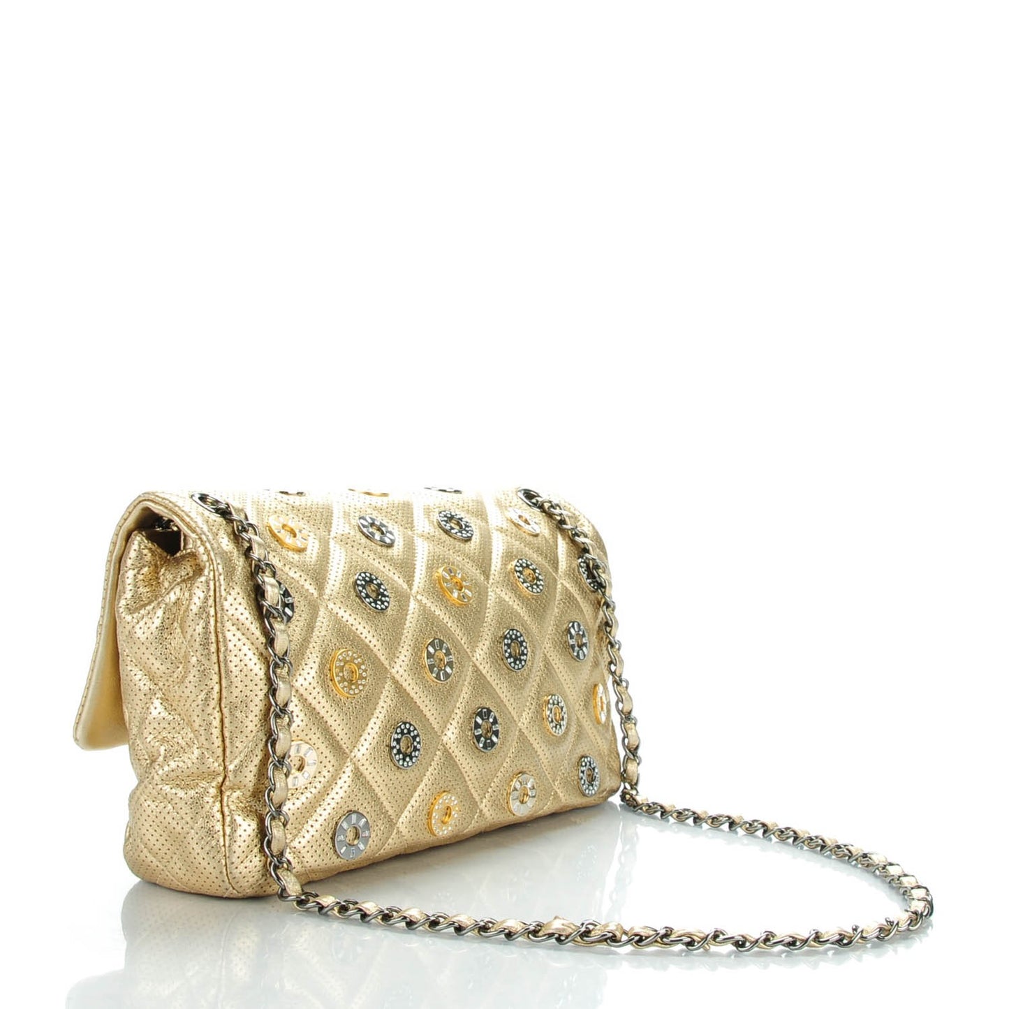 Perforated Metallic Lambskin Jumbo CC Medals Flap Gold
