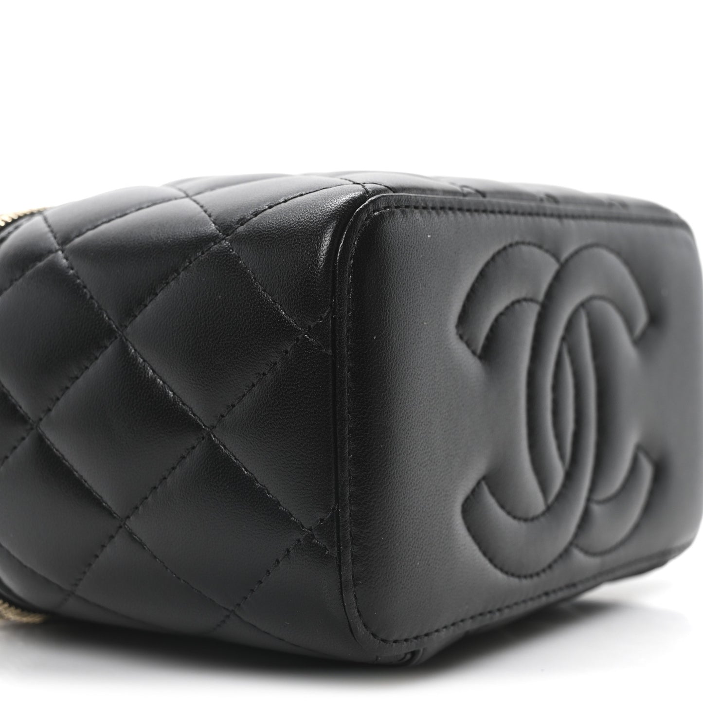 Lambskin Quilted Trendy Small Top Handle Vanity Case With Chain Black