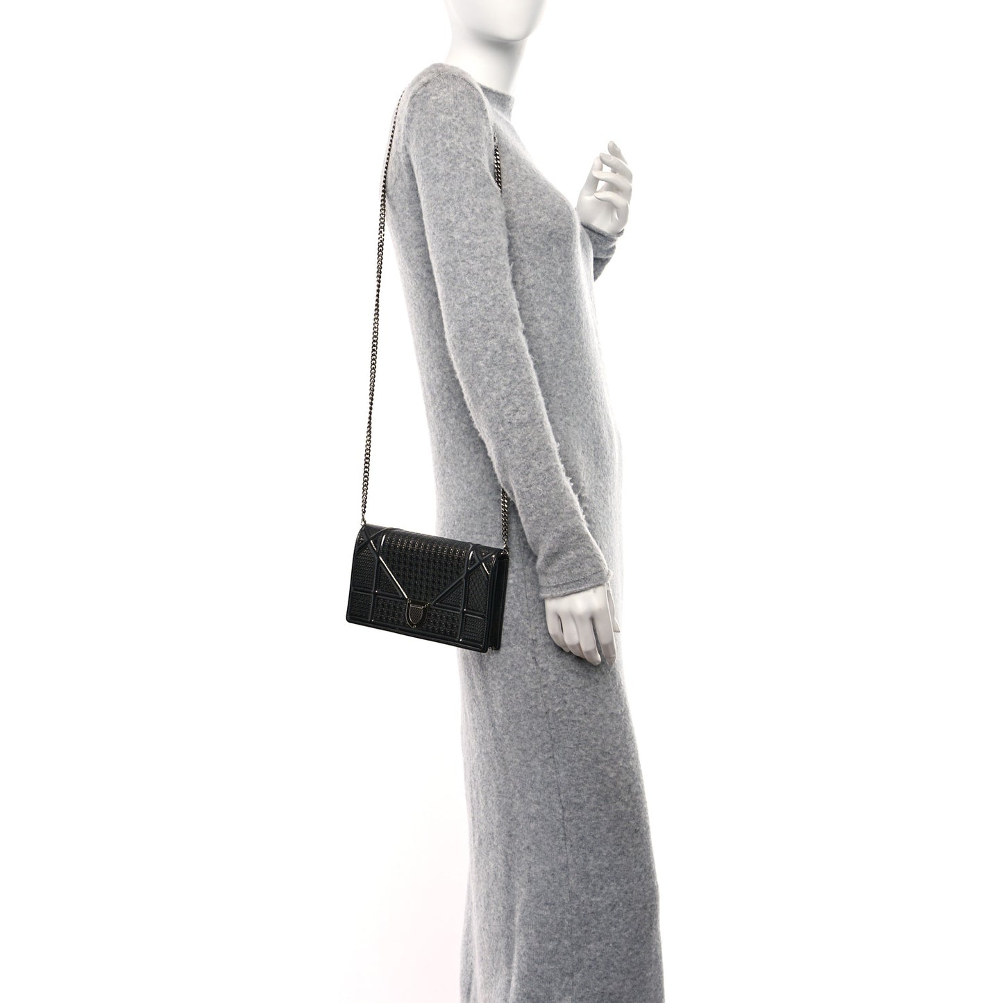 Metallic Patent Micro-Cannage Diorama Wallet on Chain Pouch Onyx Black
