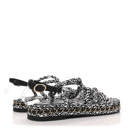Chanel Cord Lambskin Quilted Logo Sandals 37 Black White 4 of 8