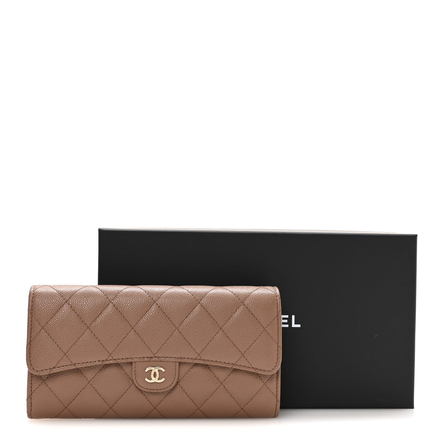 Caviar Quilted Large Gusset Flap Wallet Brown