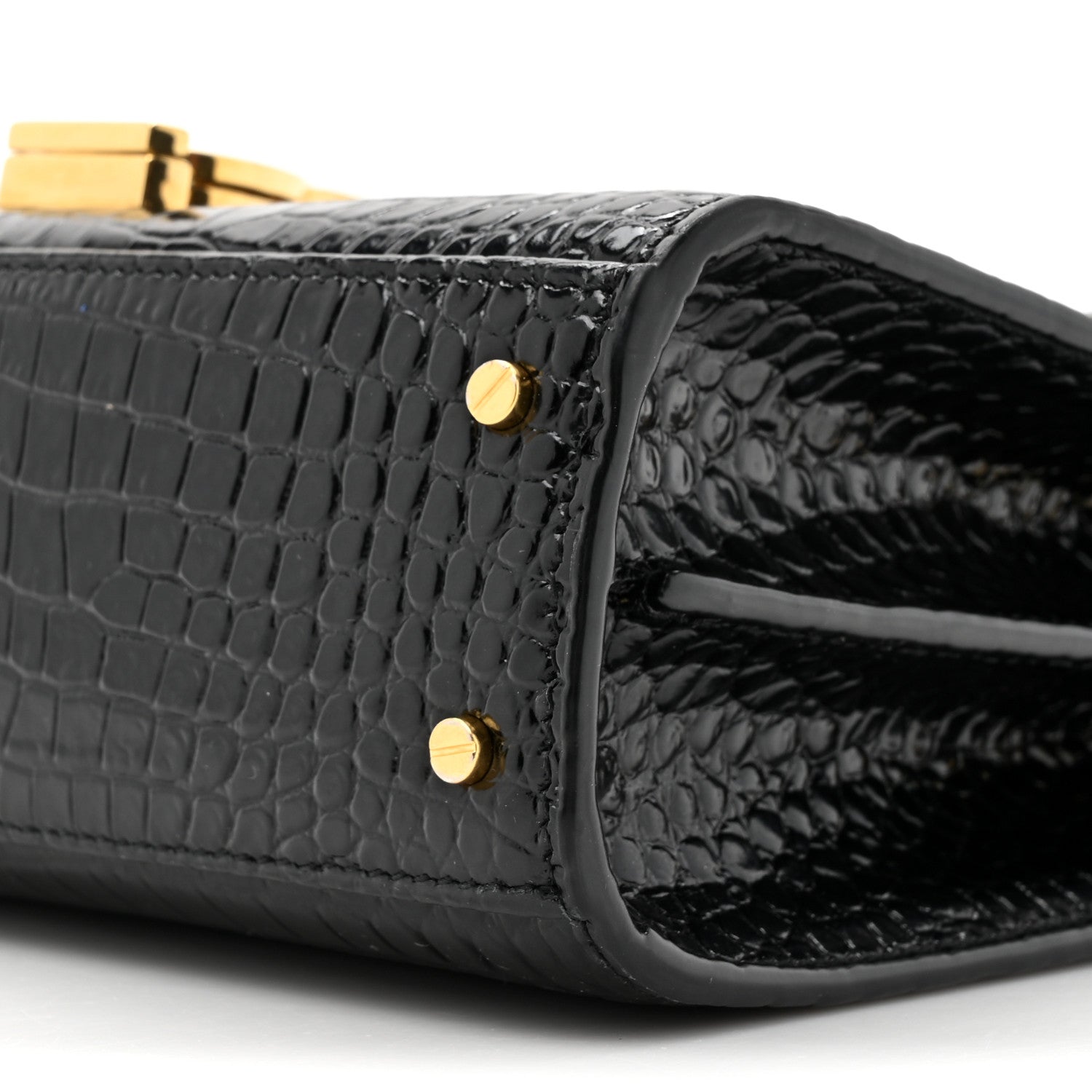 Saint Laurent Calfskin Crocodile Embossed Mini Classic Monogram Cassandra Top Handle Black 9 of 12