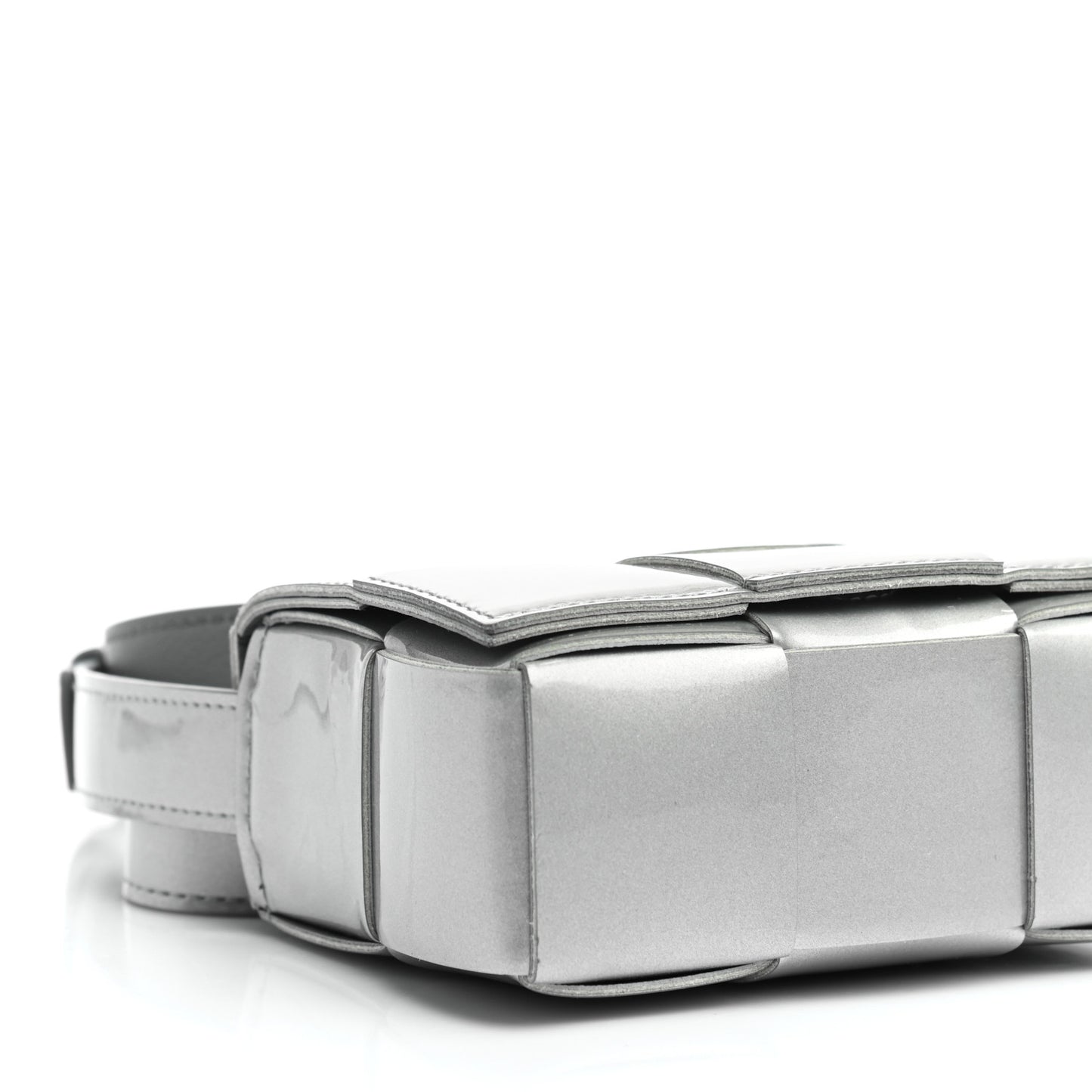 Metallic Patent Calfskin Maxi Intrecciato Extra Mini Cassette Crossbody Bag Silver