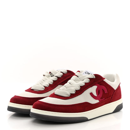 Chanel Suede Kidskin Womens CC Sneakers 36 Burgundy White 3 of 11