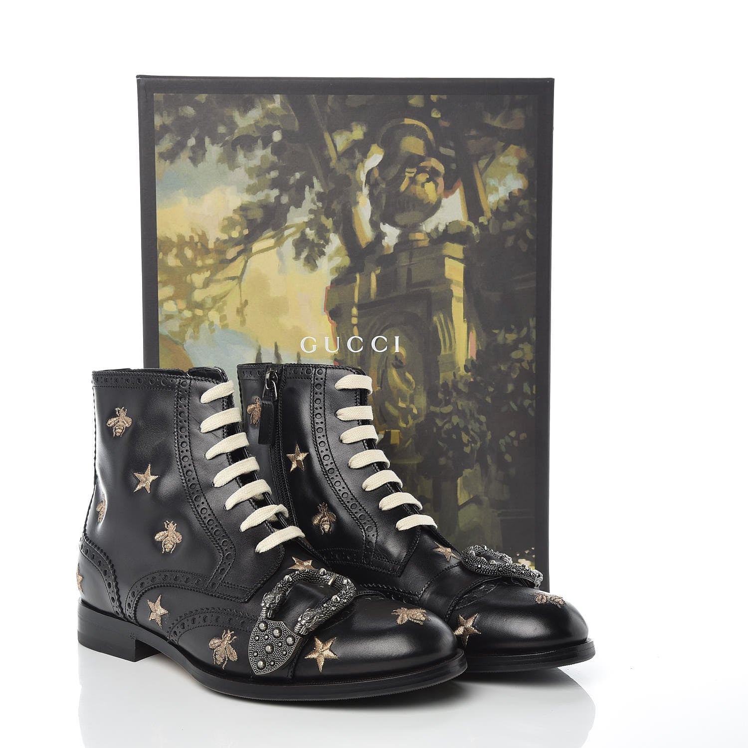 Gucci Calfskin Bee Star Embroidered Mens Queercore Brogue Wingtip Boots 7.5 Black 9 of 9