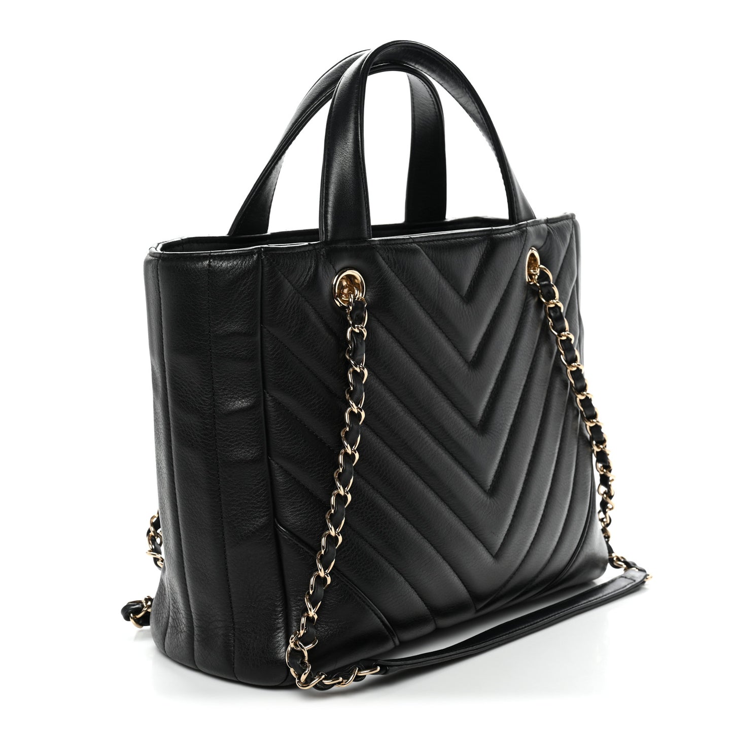 Calfskin Chevron Quilted Statement Shopping Tote Black