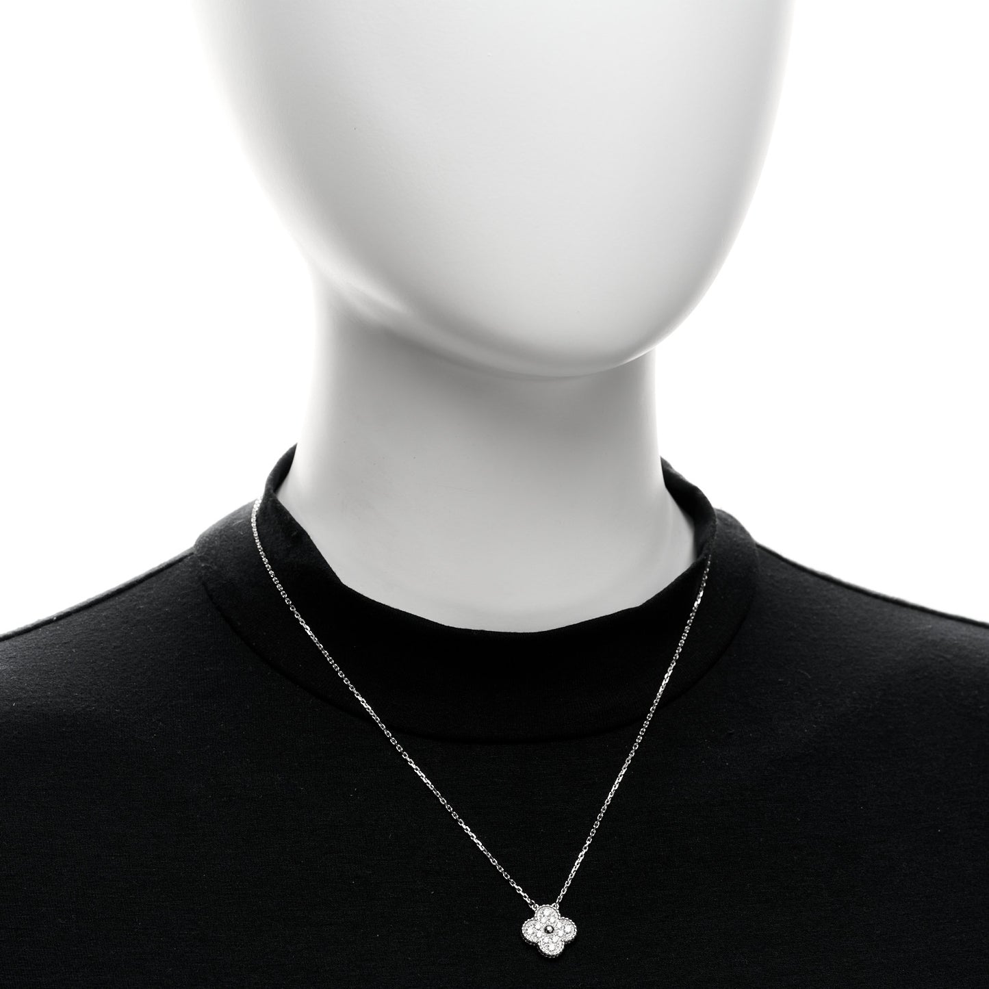 18K White Gold Diamond Vintage Alhambra Pendant Necklace