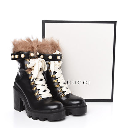 Gucci Magnum Calfskin Fur Pearl Lace Up Combat Ankle Boots 39.5 Black Naturale 7 of 7