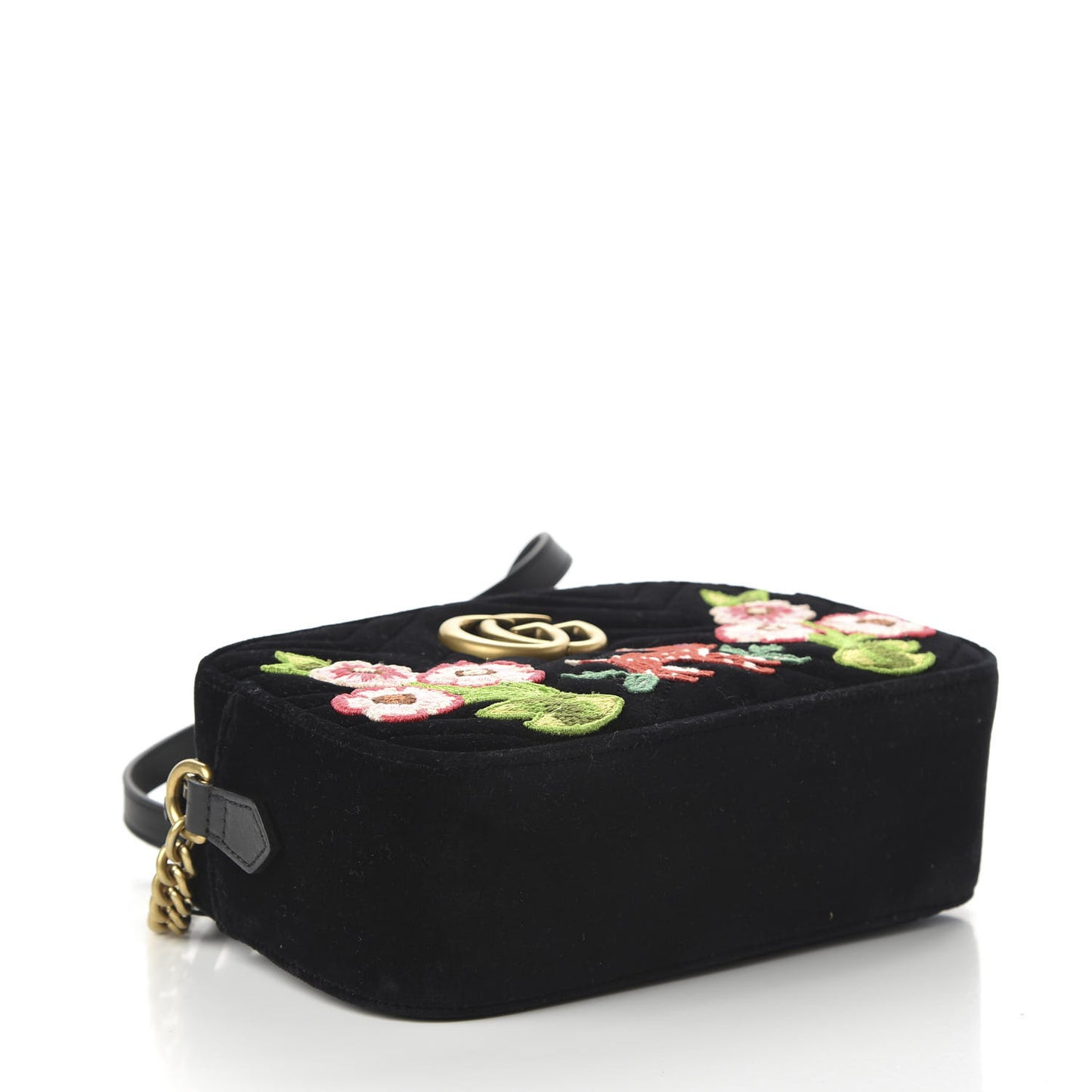 Velvet Matelasse Deer Embroidered Small GG Marmont Chain Shoulder Bag Black