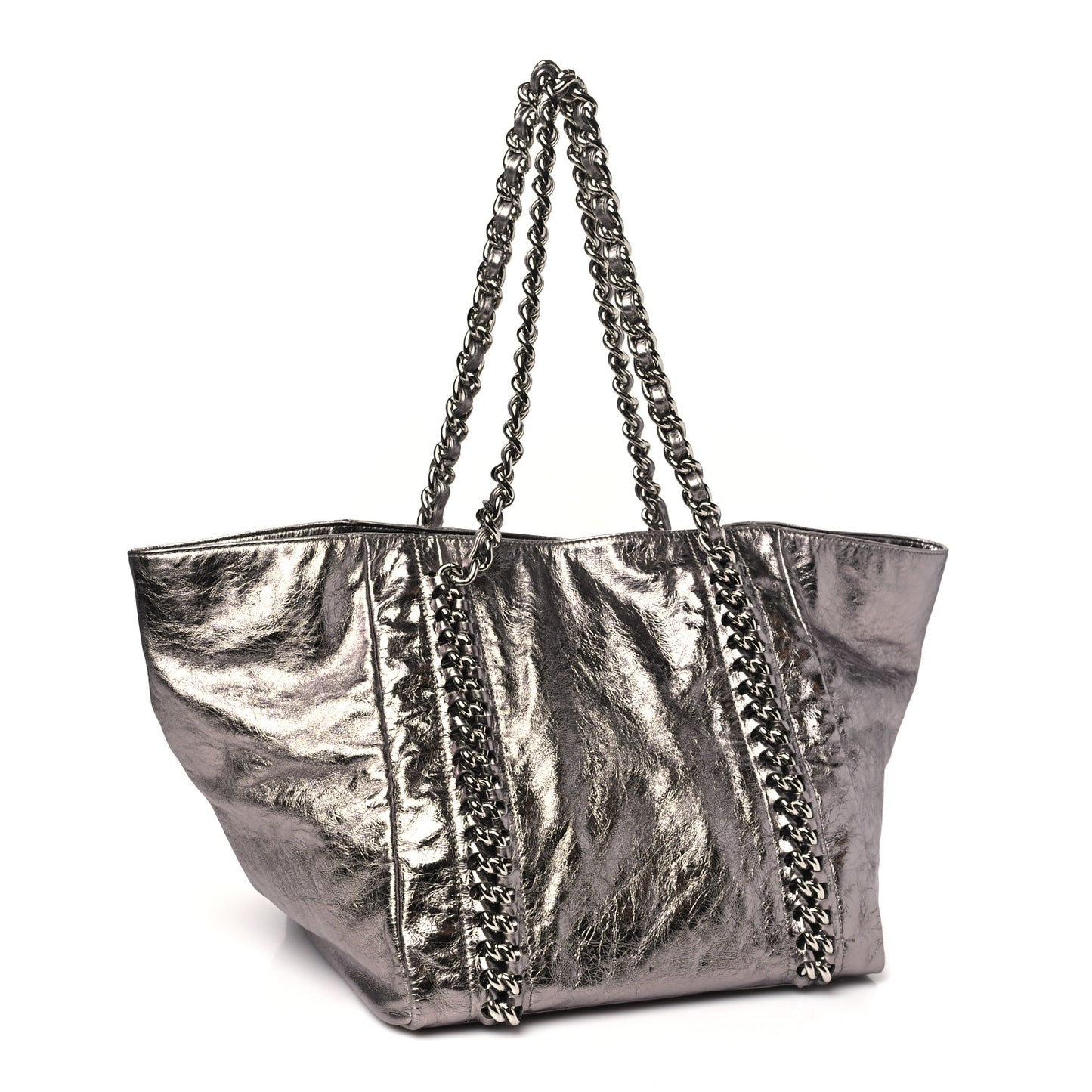 Metallic Cracked Calfskin Modern Chain Tote Dark Silver