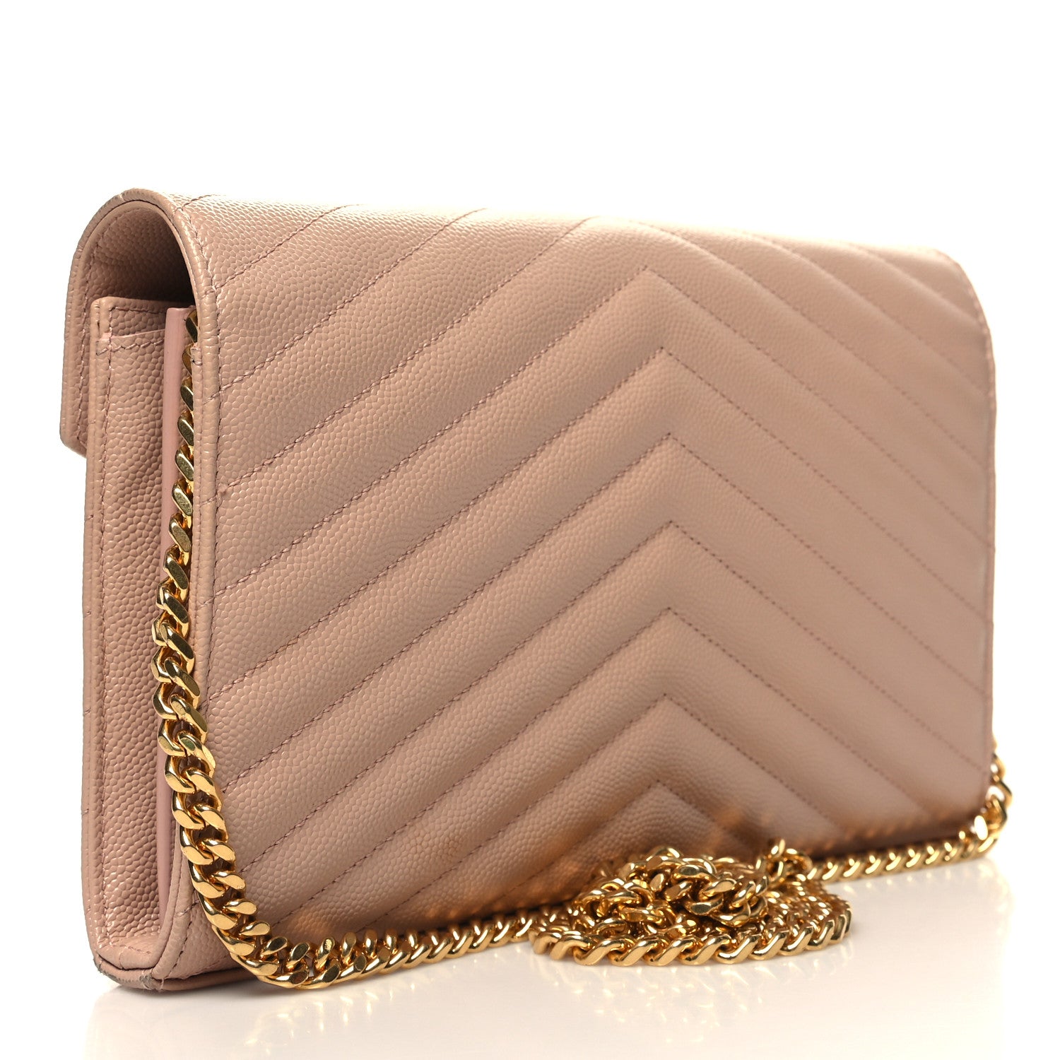 Saint Laurent Grain De Poudre Matelasse Chevron Monogram Chain Wallet Pale Pink 3 of 13