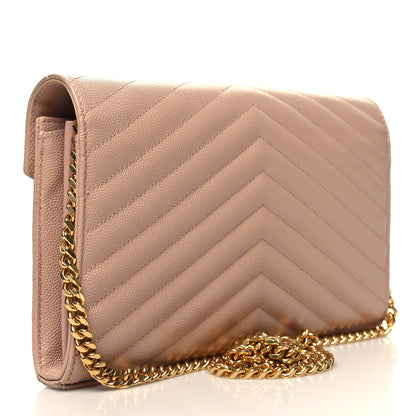 Saint Laurent Grain De Poudre Matelasse Chevron Monogram Chain Wallet Pale Pink 3 of 13