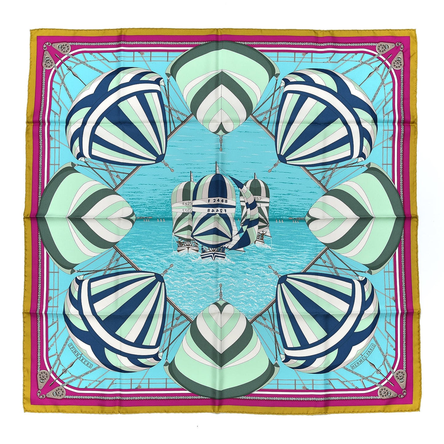 Silk Spinnakers Scarf 90 Moutarde Turquoise Fuchsia