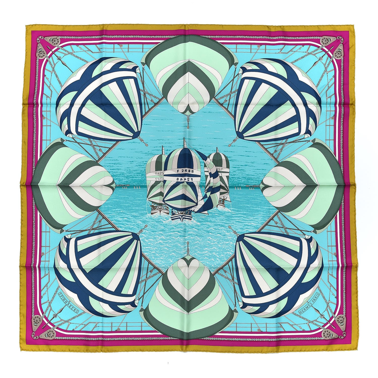 Hermes Silk Spinnakers Scarf 90 Moutarde Turquoise Fuchsia 1 of 4