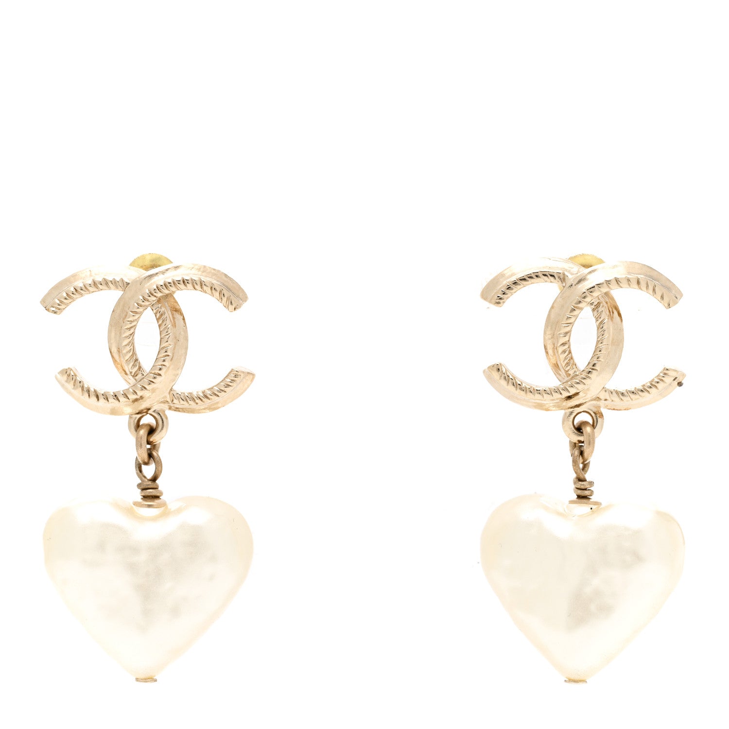Chanel Pearl CC Heart Drop Earrings Gold 1 of 5