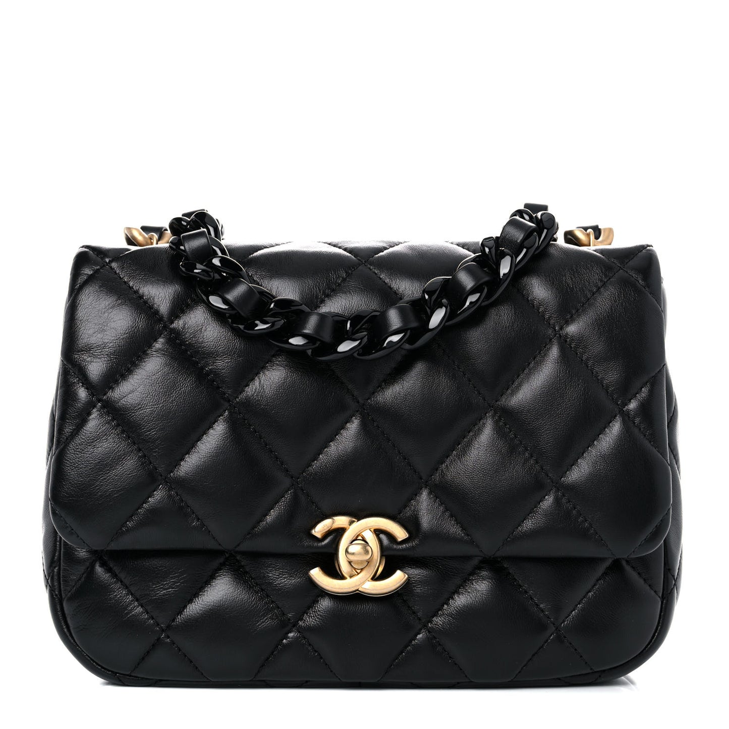 Lambskin Quilted Small Lacquered Chain Flap Black