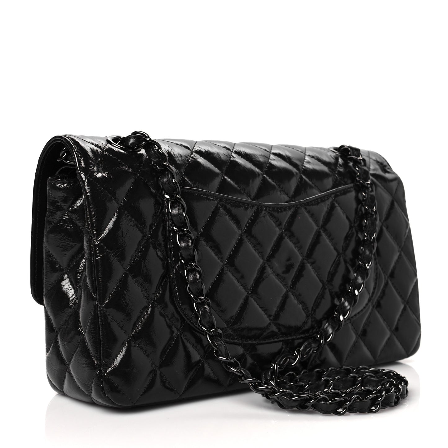 Shiny Crumpled Calfskin Quilted Medium Double Flap So Black