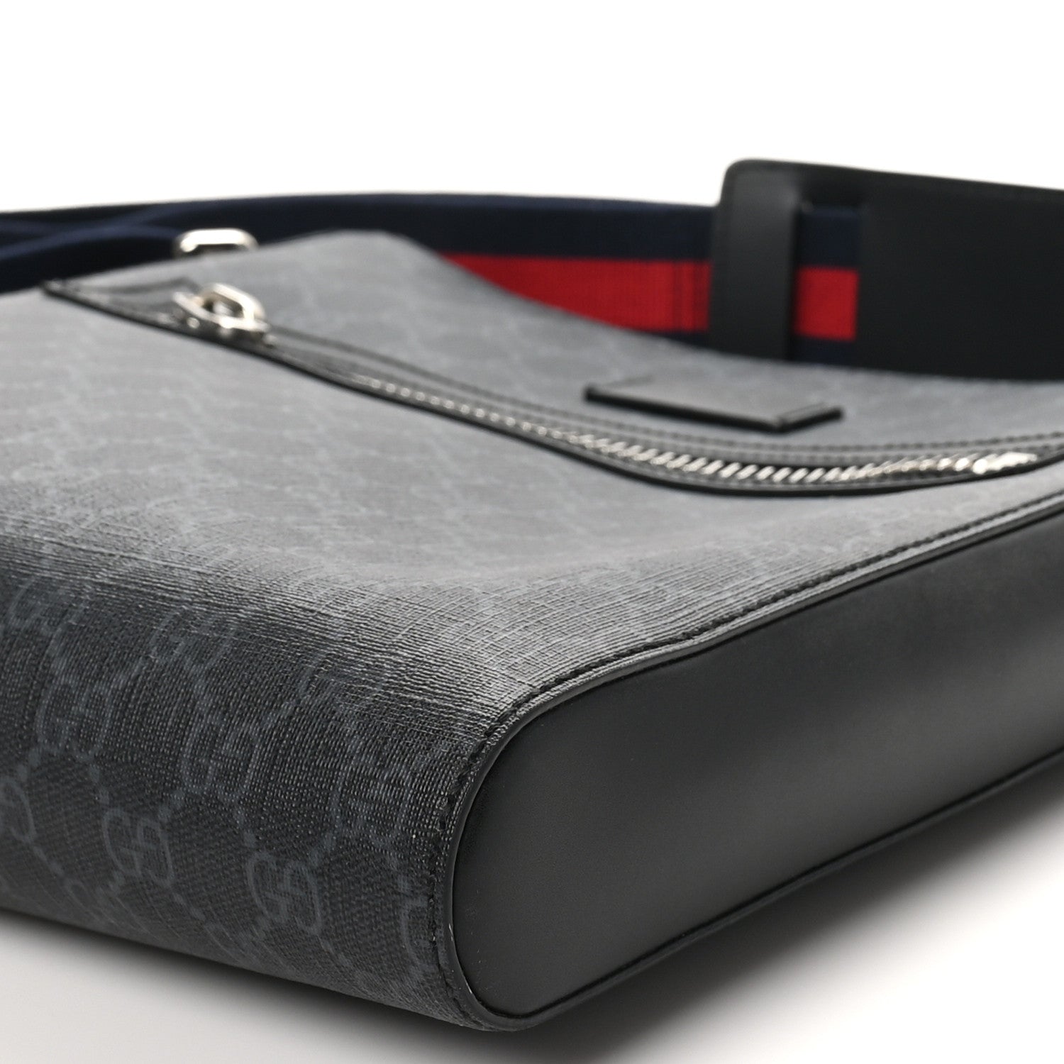 Gucci GG Supreme Monogram Appia Calfskin Web Flat Messenger Bag Black Grey 10 of 10
