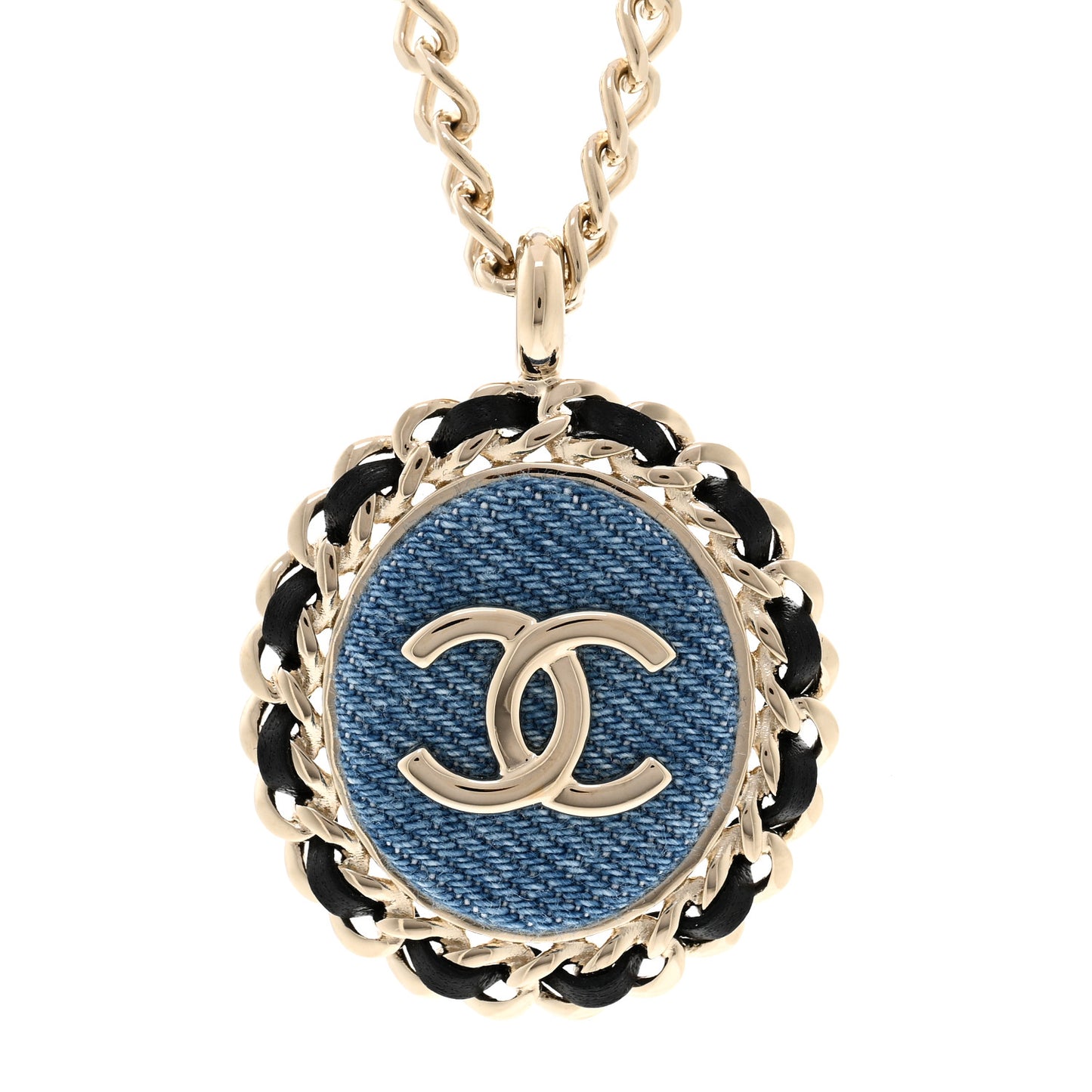 Denim CC Pendant Necklace Gold Blue Black