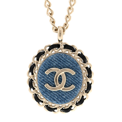 Chanel Denim CC Pendant Necklace Gold Blue Black 4 of 6