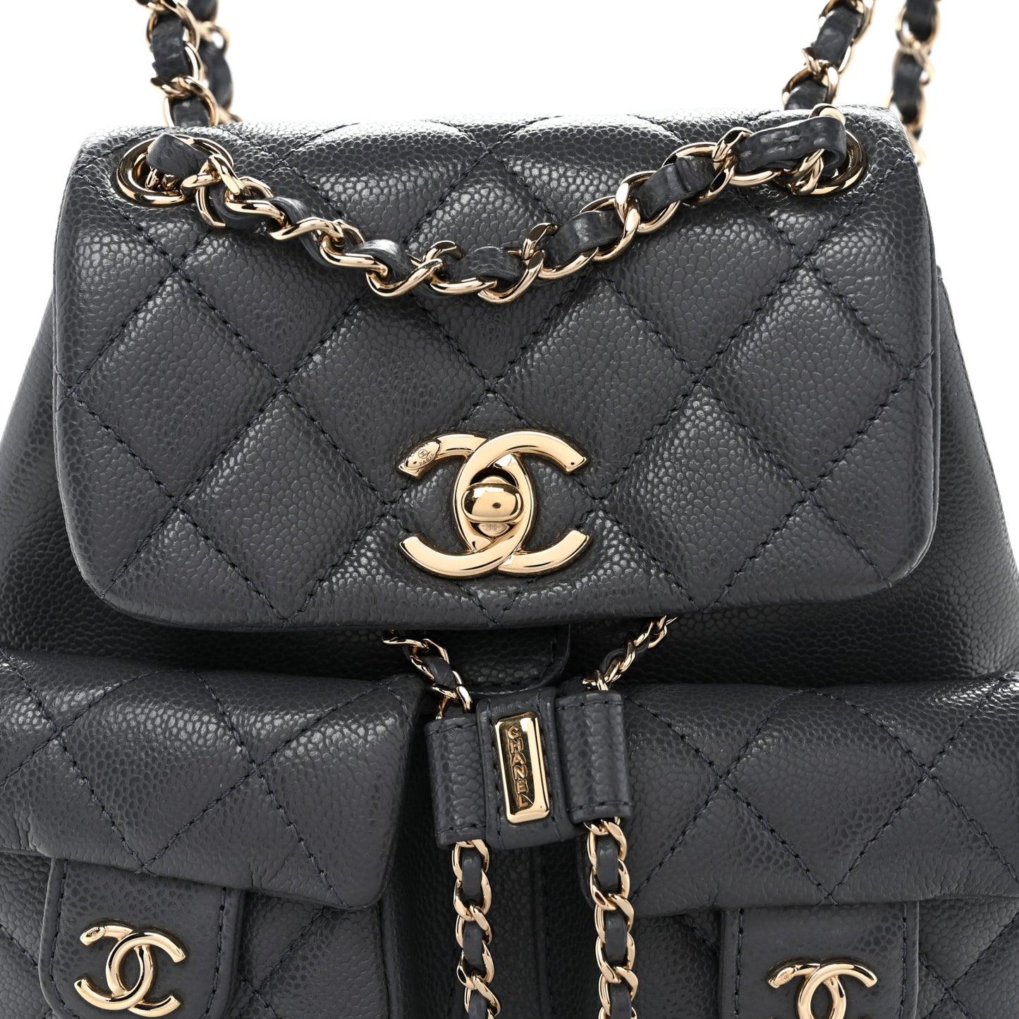 Shiny Caviar Quilted Small Duma Pockets Drawstring Backpack Grey