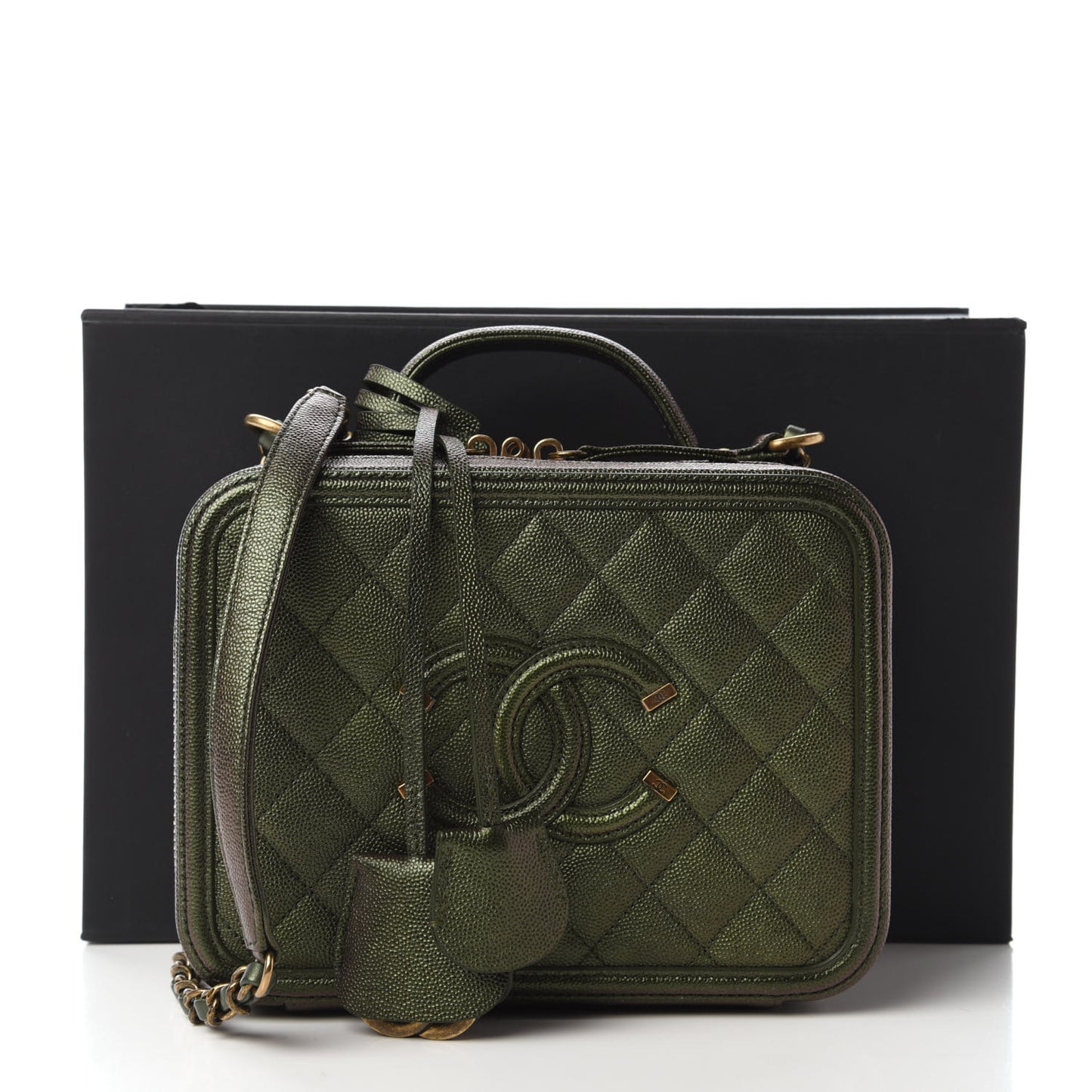 Iridescent Caviar Quilted Medium CC Filigree Vanity Case Green