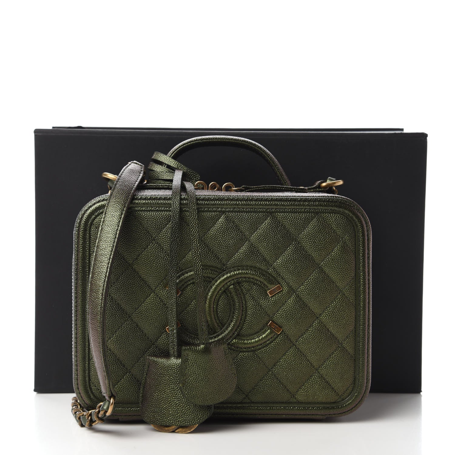 Chanel Iridescent Caviar Quilted Medium CC Filigree Vanity Case Green 11 of 11