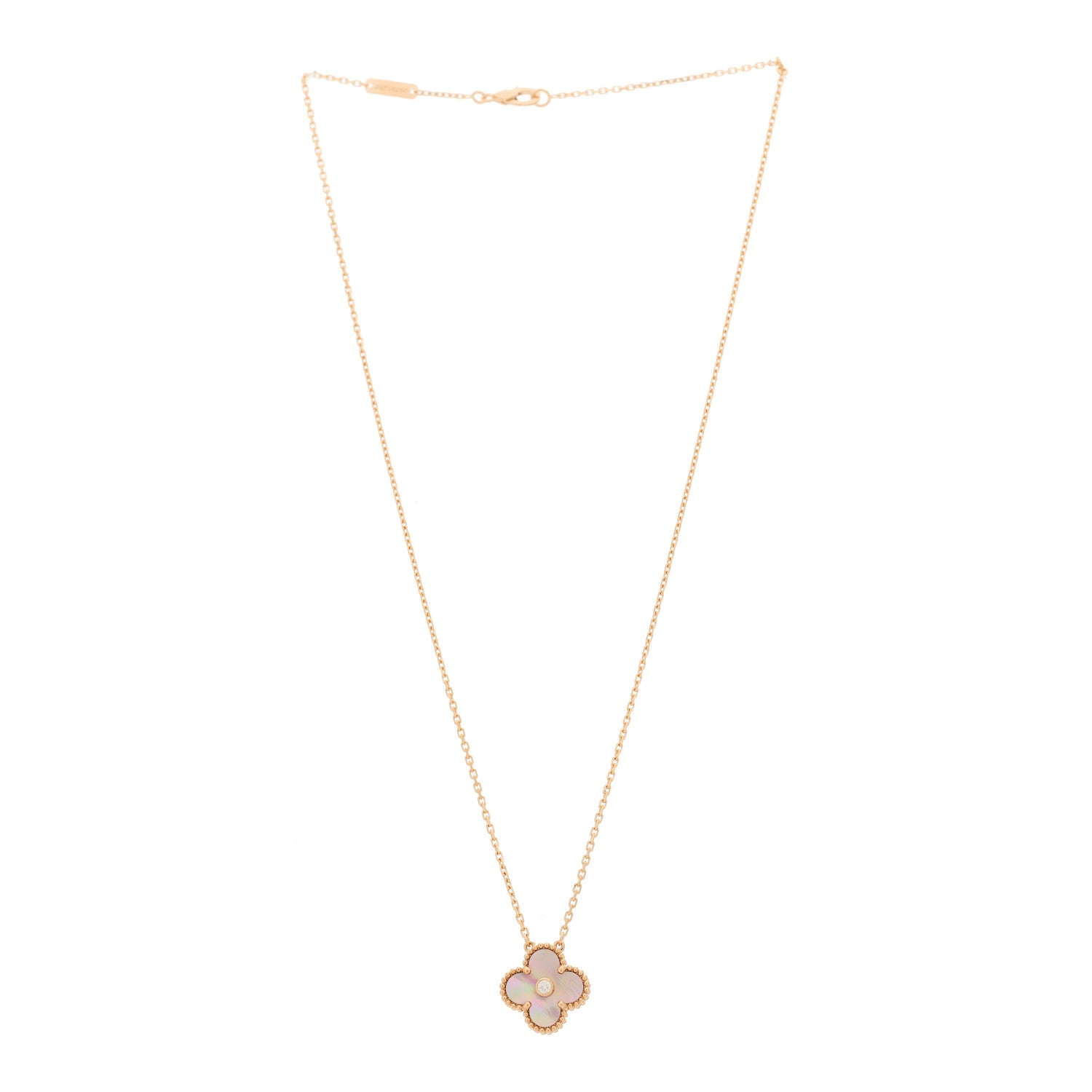 Van Cleef & Arpels 18K Rose Gold Diamond Pink Mother of Pearl Vintage Alhambra Pendant Necklace 3 of 6