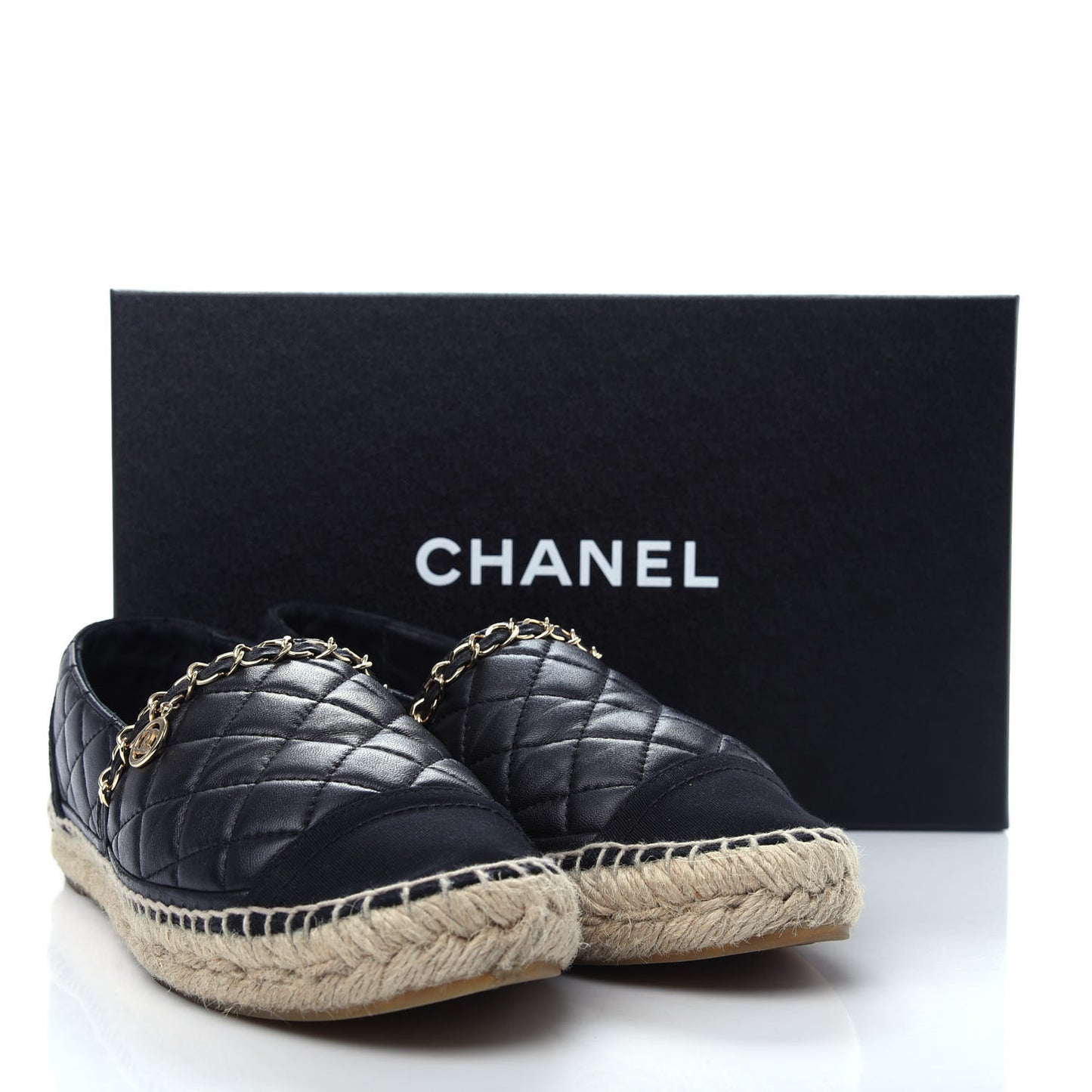 Lambskin Grosgrain Quilted CC Chain Espadrilles 37 Black